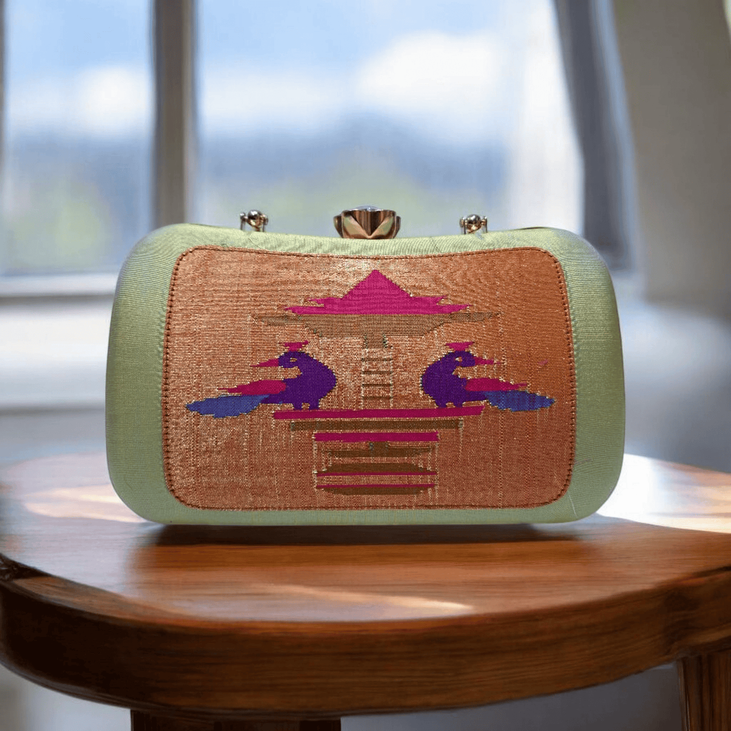 Handwoven Paithani Silk Clutch Handbag – Mint Green & Gold