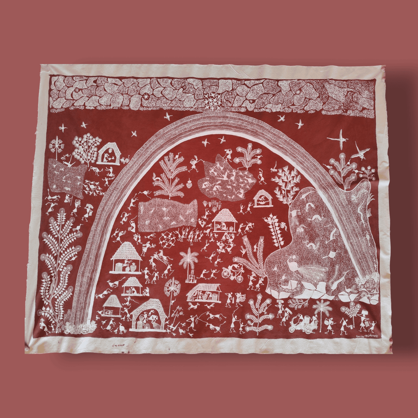 Handcrafted Warli Painting – Indradhanush and Dhan Bij Sowing Theme (Without Frame) (51"*41")