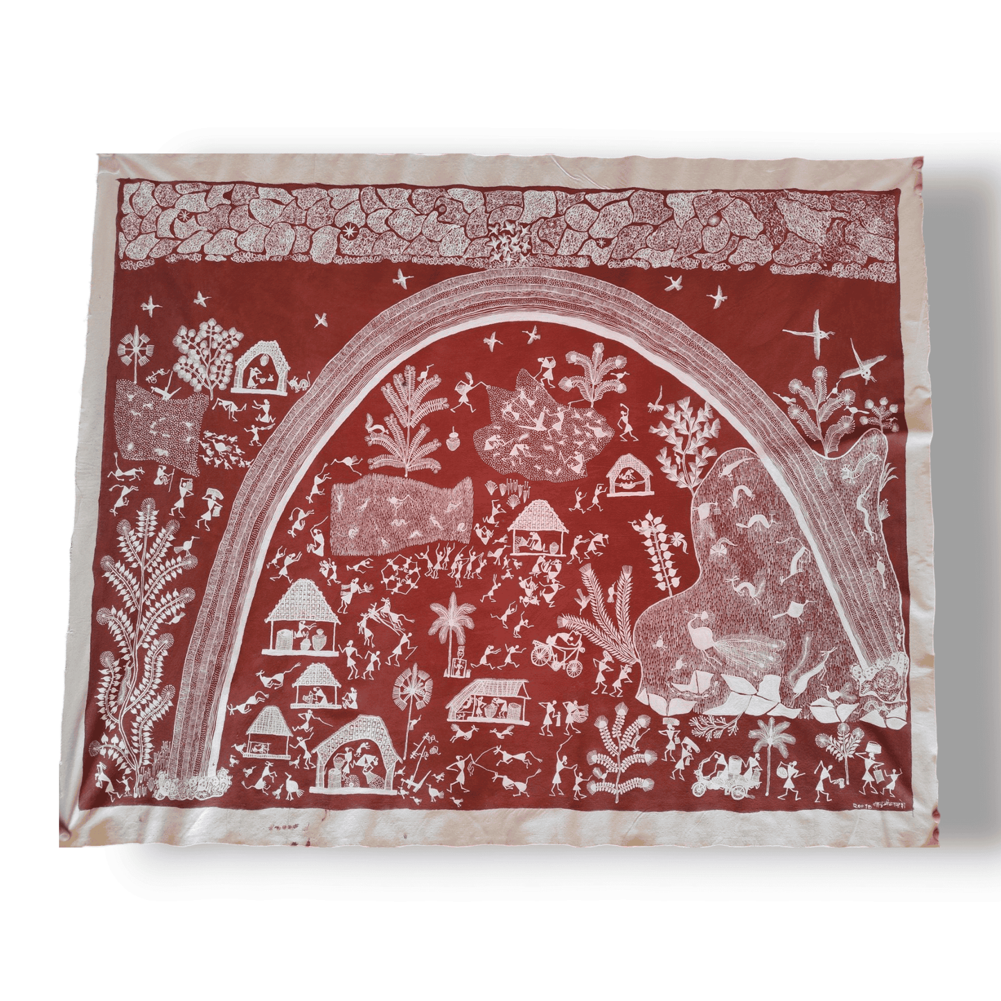 Handcrafted Warli Painting – Indradhanush and Dhan Bij Sowing Theme (Without Frame) (51"*41")