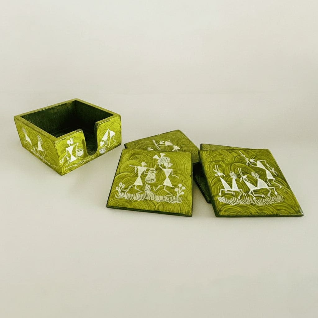 Set of green tea coasters with warli art