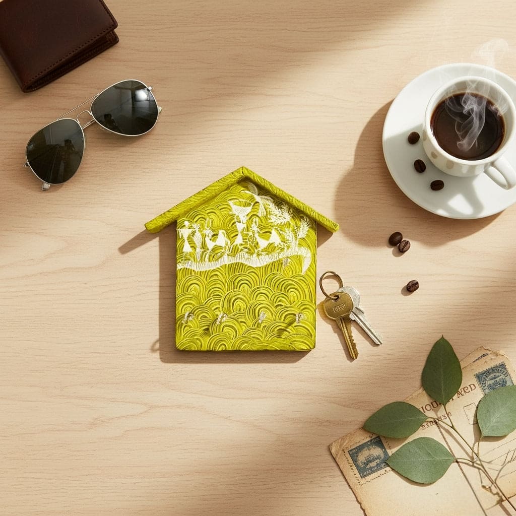 Green house-shaped keychain holder on a wooden surface with a cup of coffee, keys, and sunglasses.