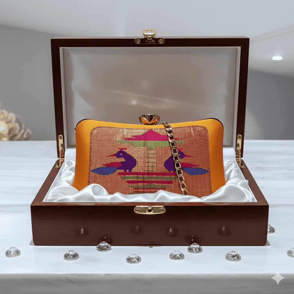 Mustard Yellow Handmade Peacock Pavilion Silk Clutch HandBag