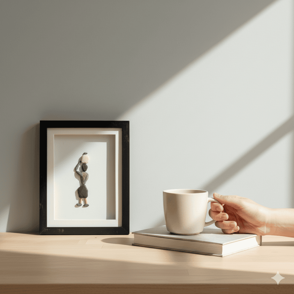 Premium Handcrafted Pebble Art Woman with Basket by Prahalad Pawar - Unique 9x12 Wall Decor for Home
