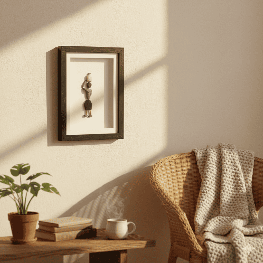 Premium Handcrafted Pebble Art Woman with Basket by Prahalad Pawar - Unique 9x12 Wall Decor for Home