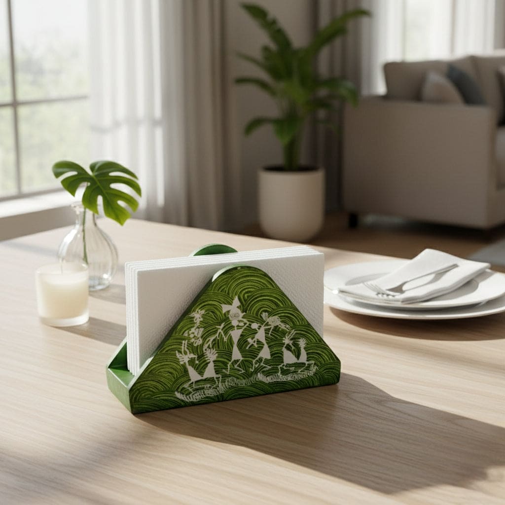 A triangular wooden napkin holder with Warli tribal artwork, predominantly green with white patterns