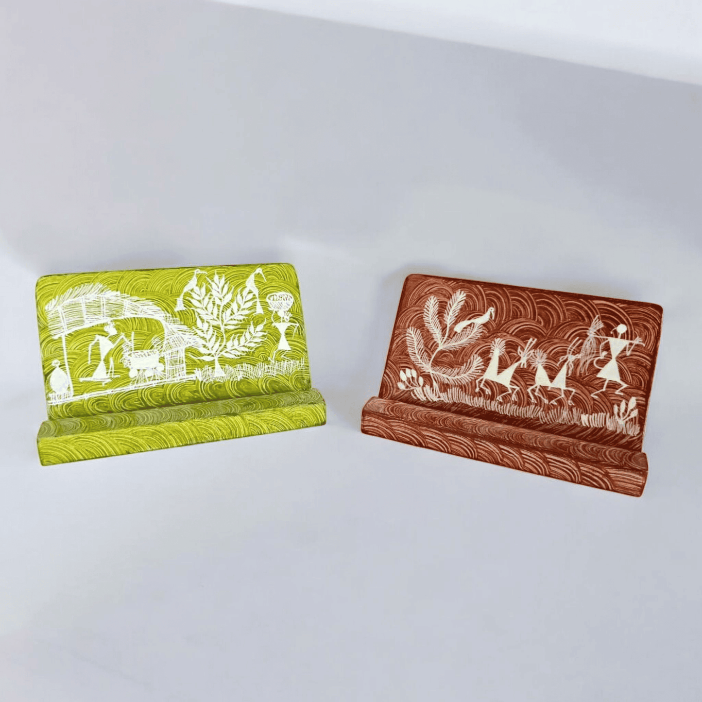 Set of 2 Handcrafted Wooden Phone Stands with Warli Art