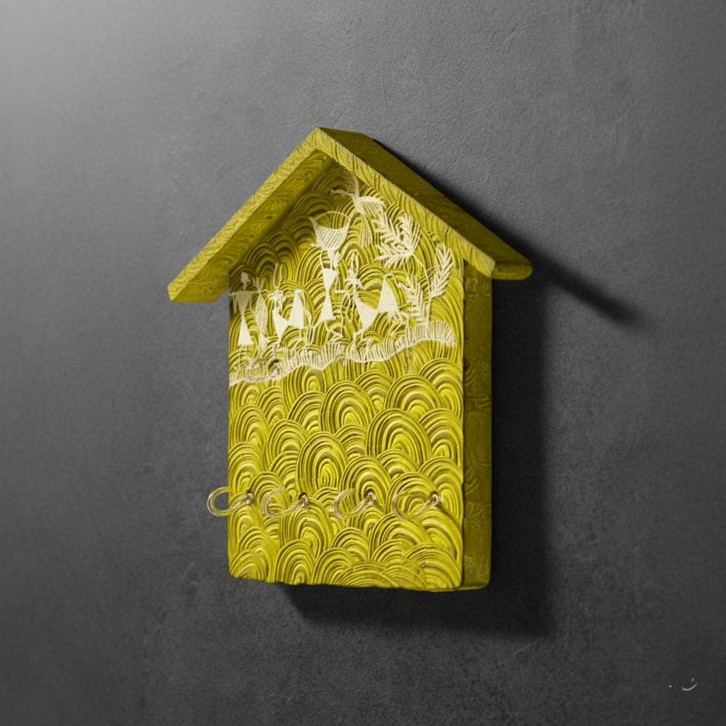 Yellow decorative wall piece with intricate designs on a gray background