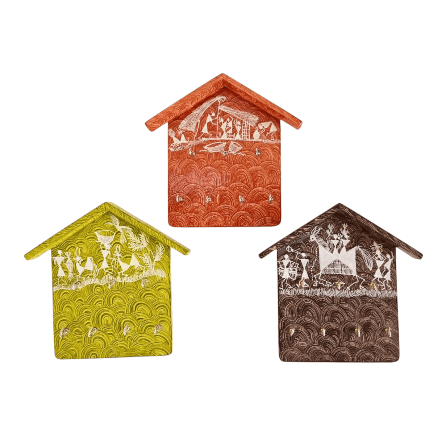 Set of Three Handcrafted Wooden Key Holders with Warli Art(6*8)