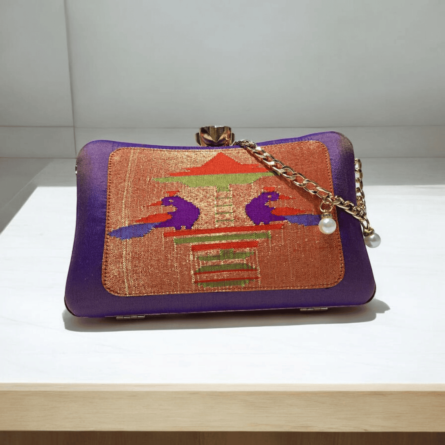 Handwoven Paithani Silk Clutch HandBag – Purple & Gold