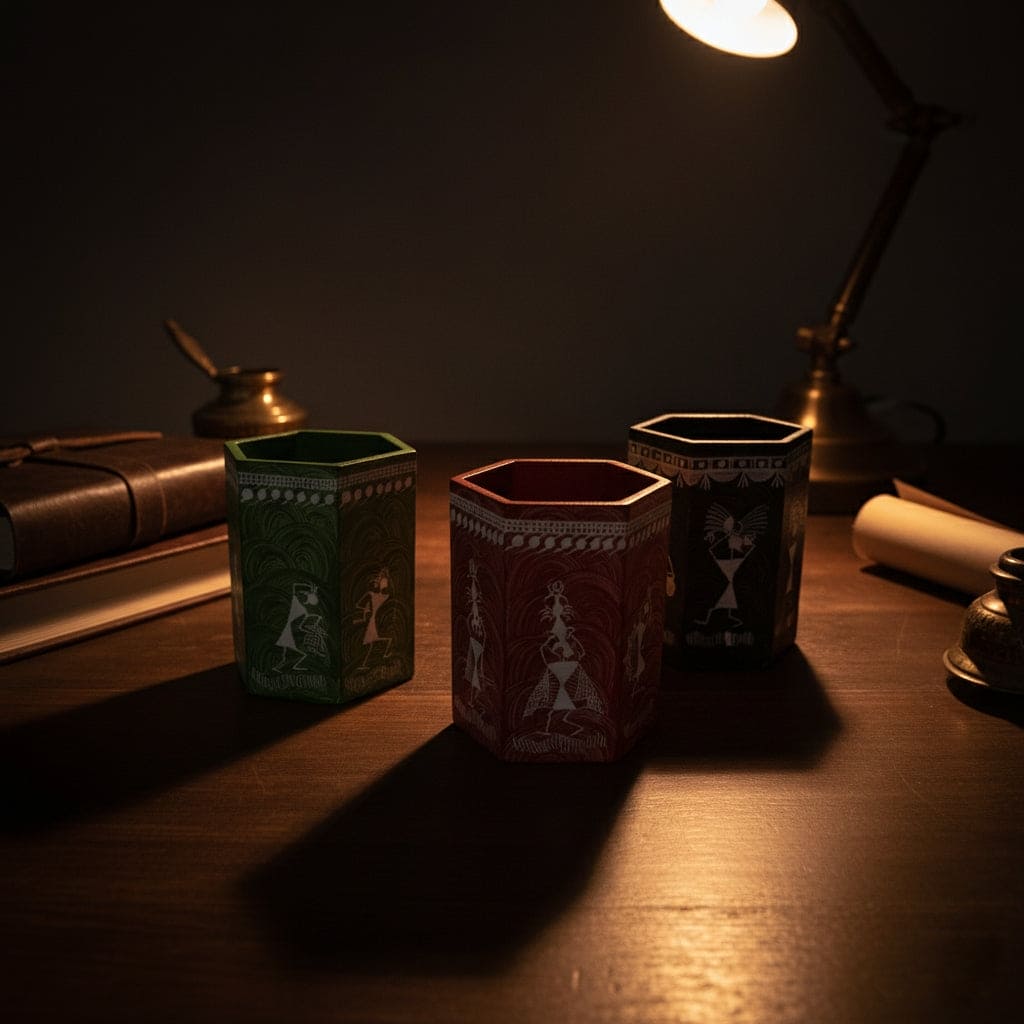 Decorative hexagonal containers on a wooden surface with a lamp casting shadows.