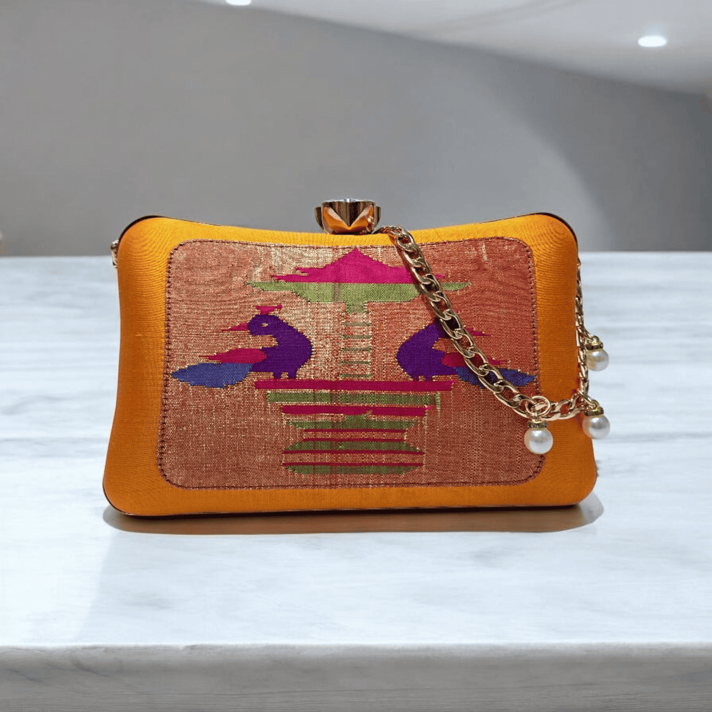 Mustard Yellow Handmade Peacock Pavilion Silk Clutch HandBag
