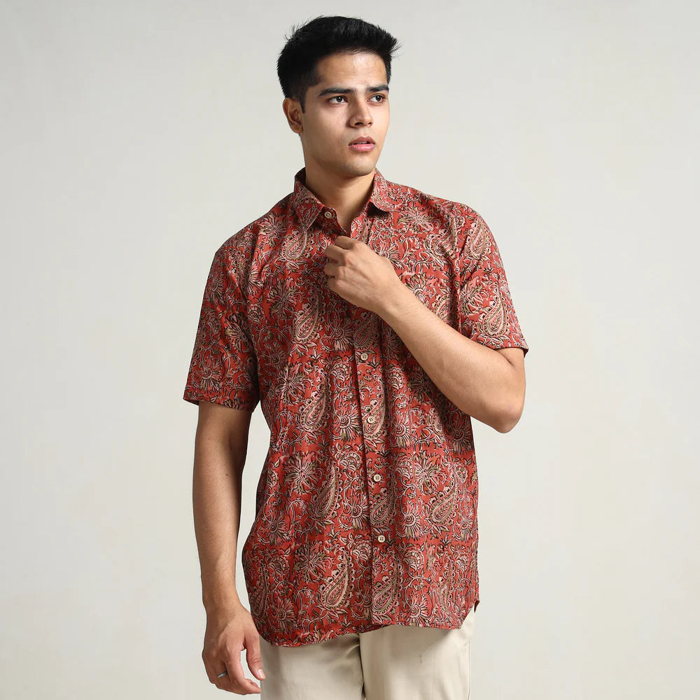 Red - Pedana Kalamkari Block Printed Cotton Men Half Sleeve Shirt 06