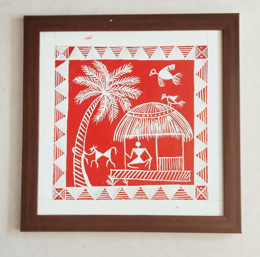 Krishna art studio WARLI treditional and tribal original hand painting with wooden framed size 10"