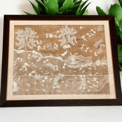 Fishing in Village River – A Traditional Warli Painting by Bharat Bhushan Awardee Balu Jivya Mashe (30"*24")