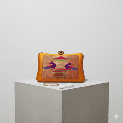 Mustard Yellow Handmade Peacock Pavilion Silk Clutch HandBag