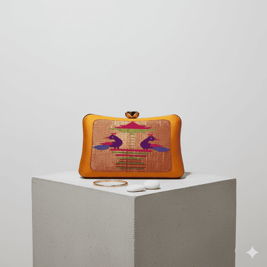 Mustard Yellow Handmade Peacock Pavilion Silk Clutch HandBag