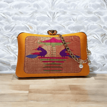 Mustard Yellow Handmade Peacock Pavilion Silk Clutch HandBag