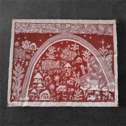 Handcrafted Warli Painting – Indradhanush and Dhan Bij Sowing Theme (Without Frame) (51"*41")