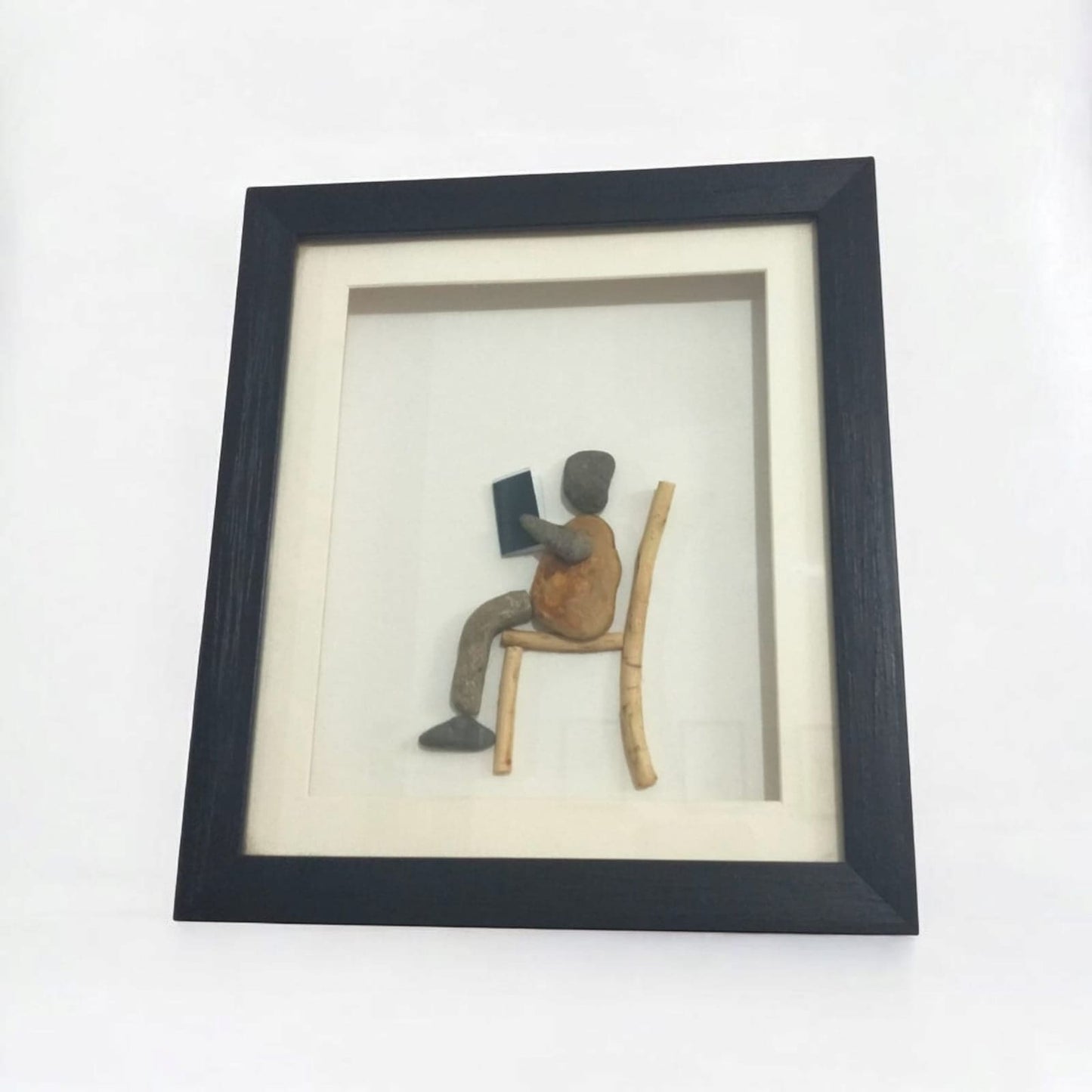 Handcrafted Pebble Art Reading Figure by Prahalad Pawar - Unique 9x10 Wall Decor for Home
