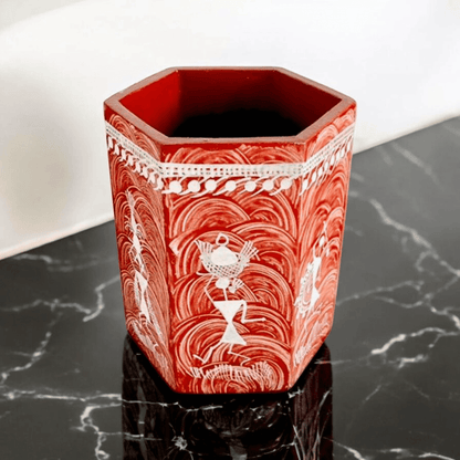 Handcrafted Wooden Hexagon Pen Stand with Warli Art