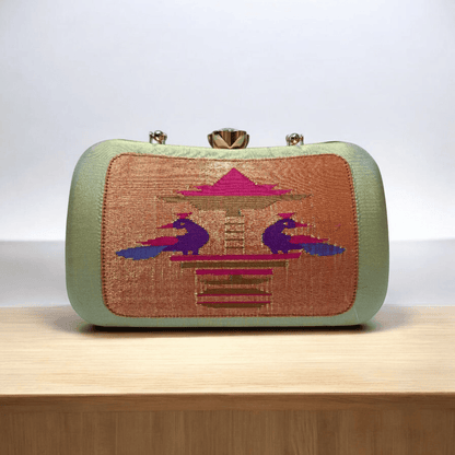 Handwoven Paithani Silk Clutch Handbag – Mint Green & Gold