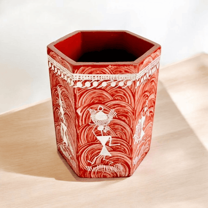 Handcrafted Wooden Hexagon Pen Stand with Warli Art