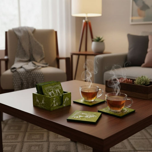 Two steaming cups of tea on green tea coasters with a box of tea bags on a wooden table in a cozy living room.