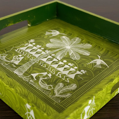 Handcrafted Wooden Tray with Warli Art(8*8)