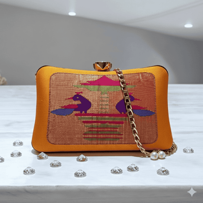 Mustard Yellow Handmade Peacock Pavilion Silk Clutch HandBag