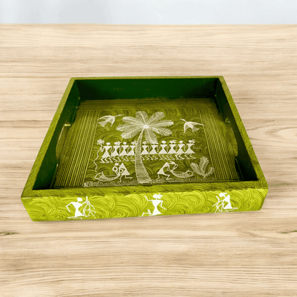 Handcrafted Wooden Tray with Warli Art(8*8)