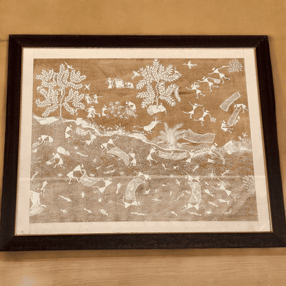 Fishing in Village River – A Traditional Warli Painting by Bharat Bhushan Awardee Balu Jivya Mashe (30"*24")
