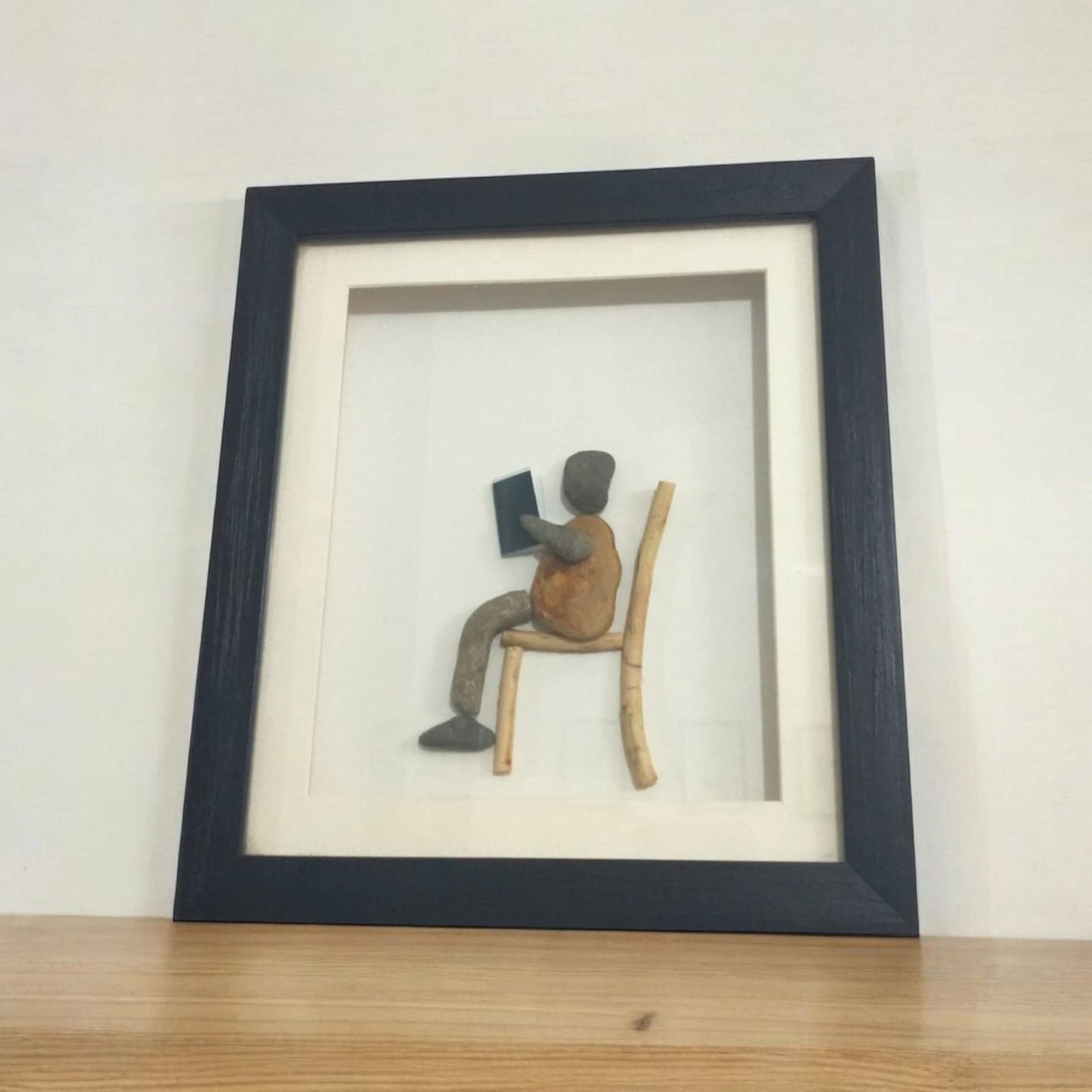 Handcrafted Pebble Art Reading Figure by Prahalad Pawar - Unique 9x10 Wall Decor for Home