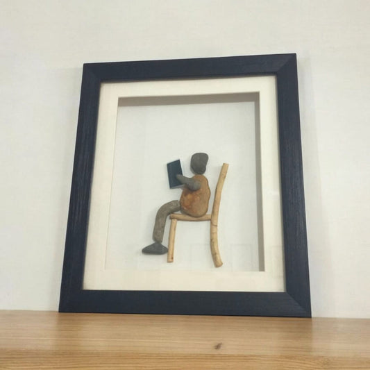 Handcrafted Pebble Art Reading Figure by Prahalad Pawar - Unique 9x10 Wall Decor for Home