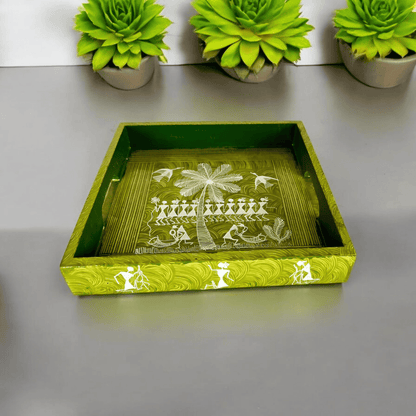 Handcrafted Wooden Tray with Warli Art(8*8)