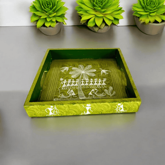 Handcrafted Wooden Tray with Warli Art(8*8)
