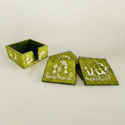 Set of green tea coasters with warli art