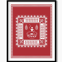 Large Warli Painting With Mount - Village Scene (16"x13.5")